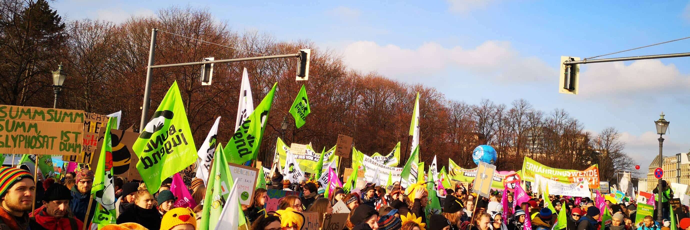 Protest gegen Umweltverschmutzung mit Plakaten und Kostümen.