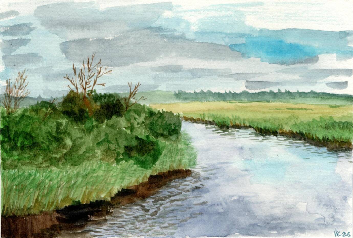 Aquarelllandschaft mit Fluss und Wolkenhimmel